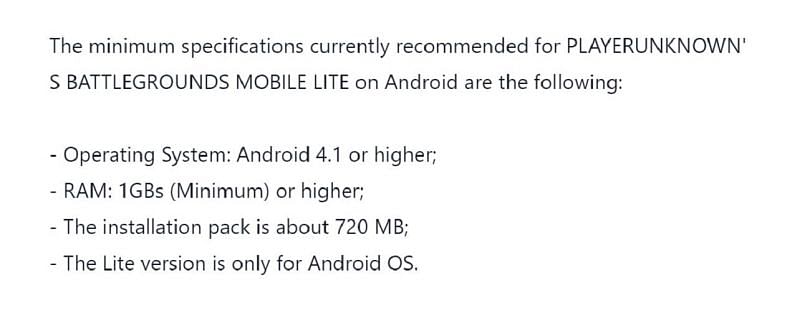 다음은 PUBG Mobile Lite의 최소 요구 사항입니다(Tencent를 통한 이미지).