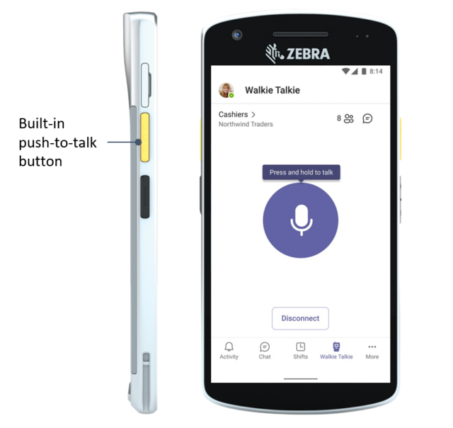 Zebra 장치가 없는 경우 Teams 앱에서 아이콘을 터치하여 누군가에게 무선으로 전화를 걸 수 있습니다. 