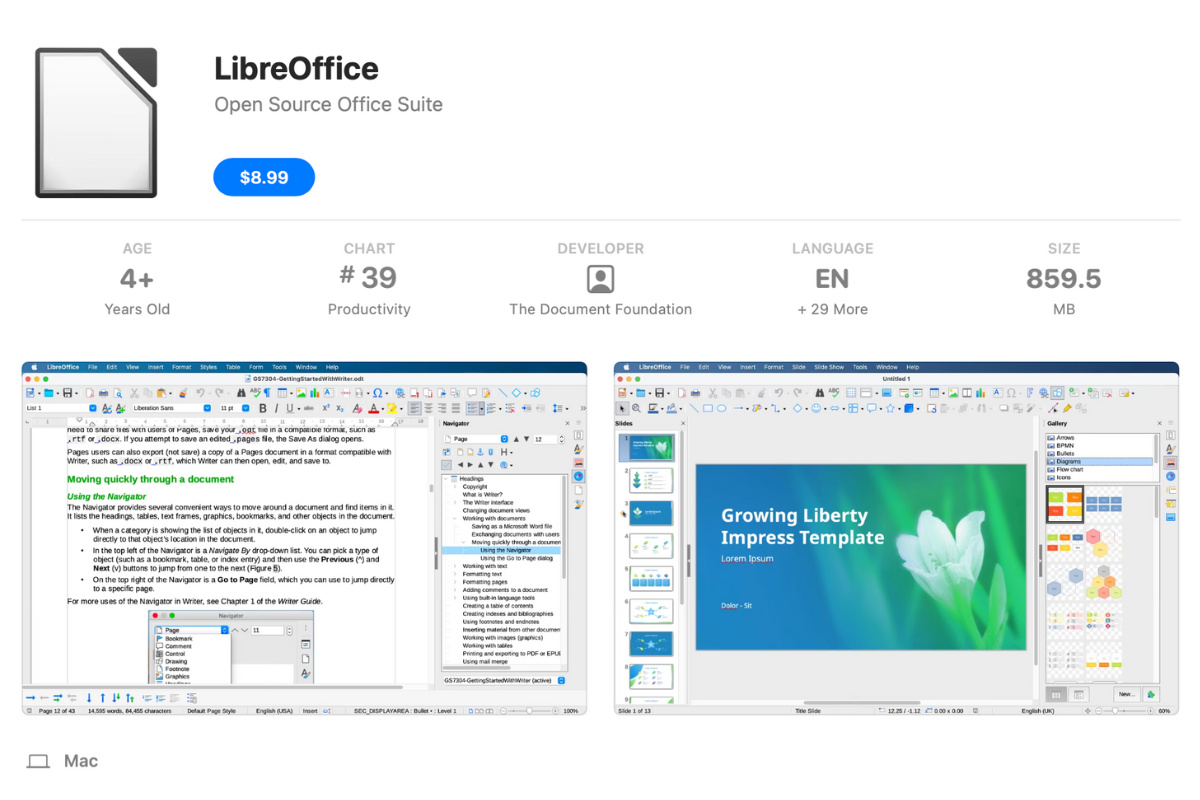 LibreOffice는 이제 Mac App Store에서 $8.99입니다.