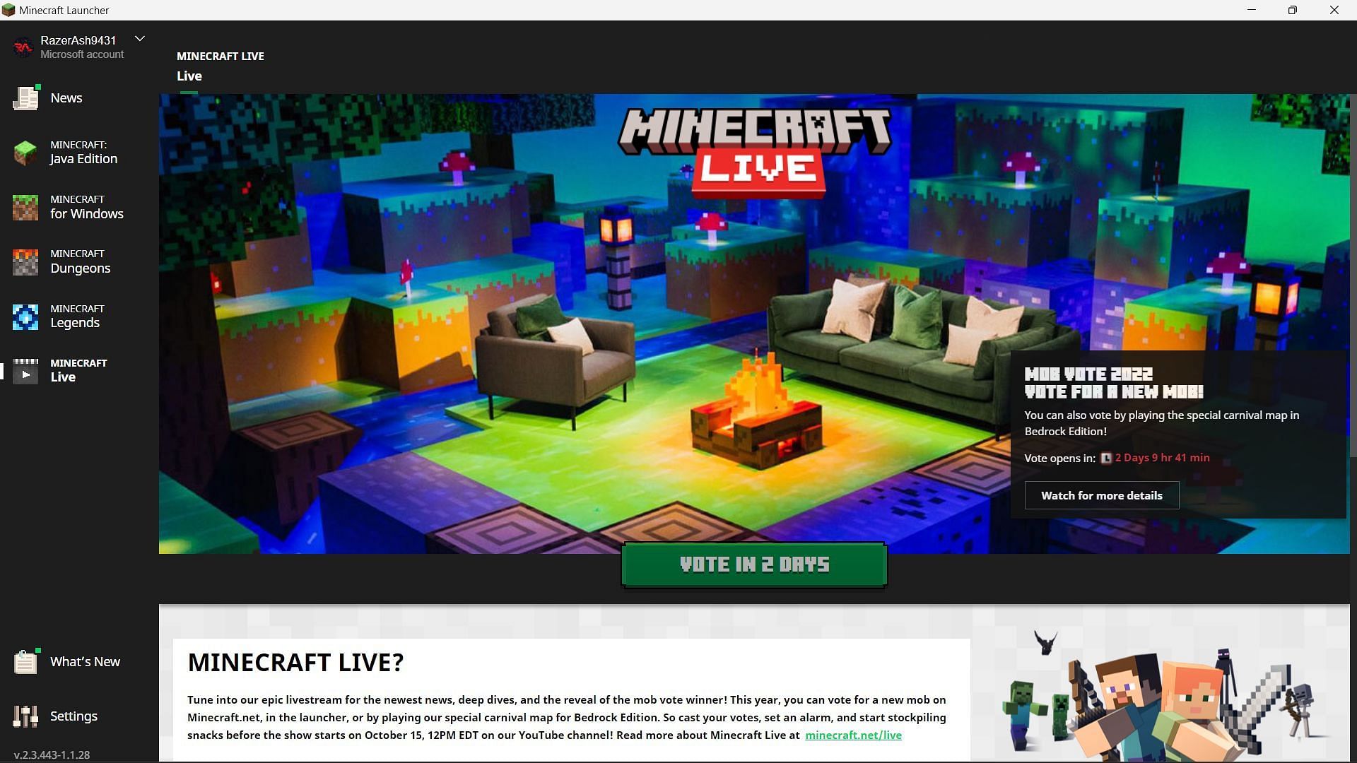 플레이어도 투표할 수 있는 공식 런처의 새로운 Minecraft Live 탭(이미지 제공 Sportskeeda)