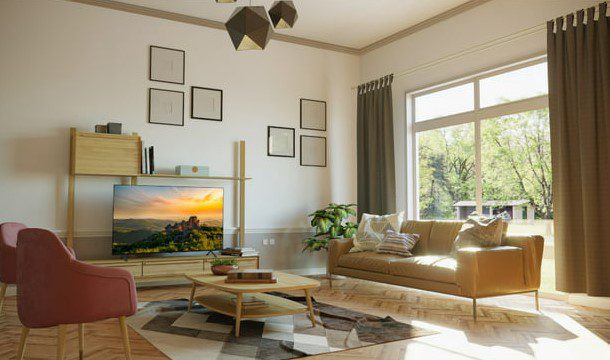 거실에 놓인 LG 55인치 A2 시리즈 4K OLED 스마트 TV.