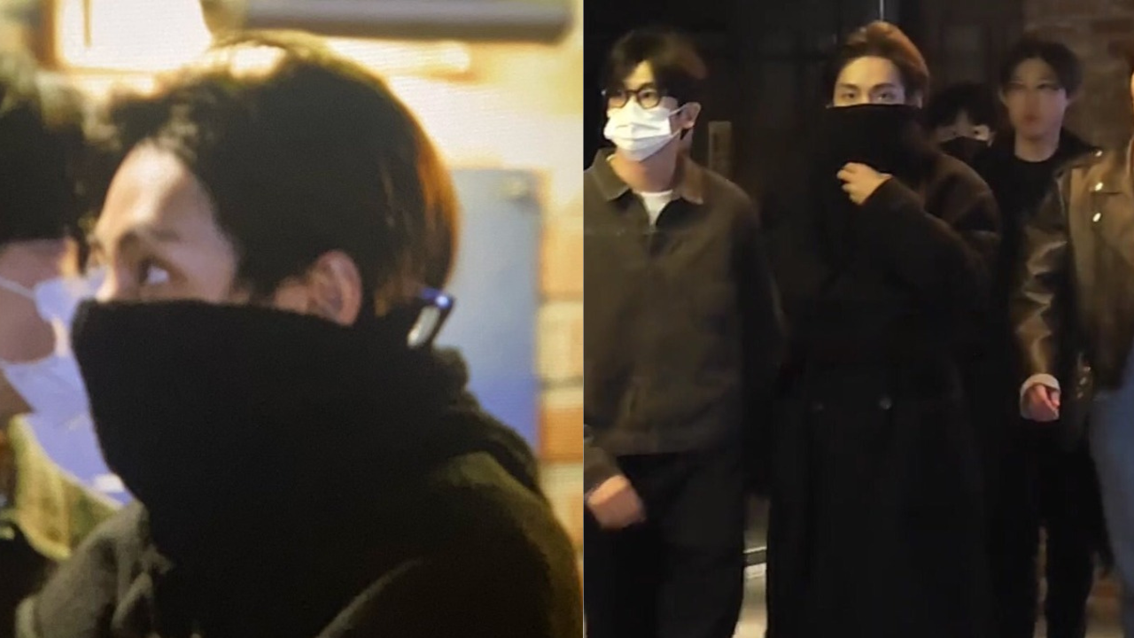 방탄소년단 뷔가 박서준, 박형식과 함께 영화를 보러 가며 얼굴을 가리고 있다.